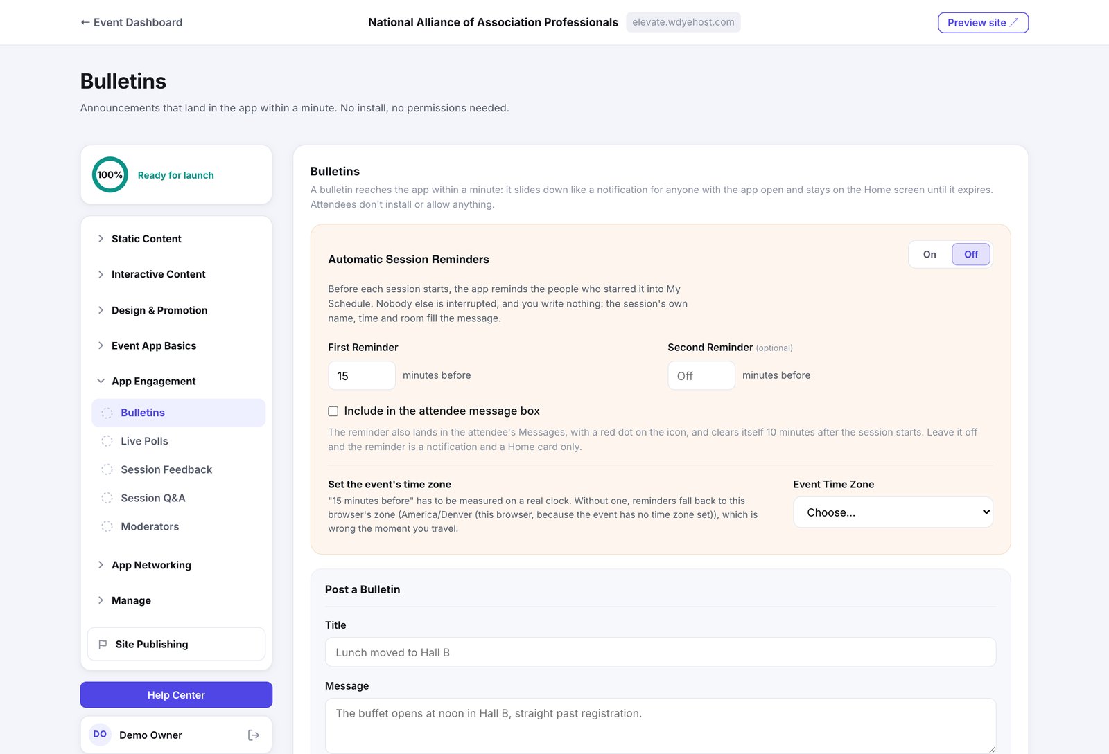 The Bulletins page, with the automatic session reminder settings and the bulletin composer