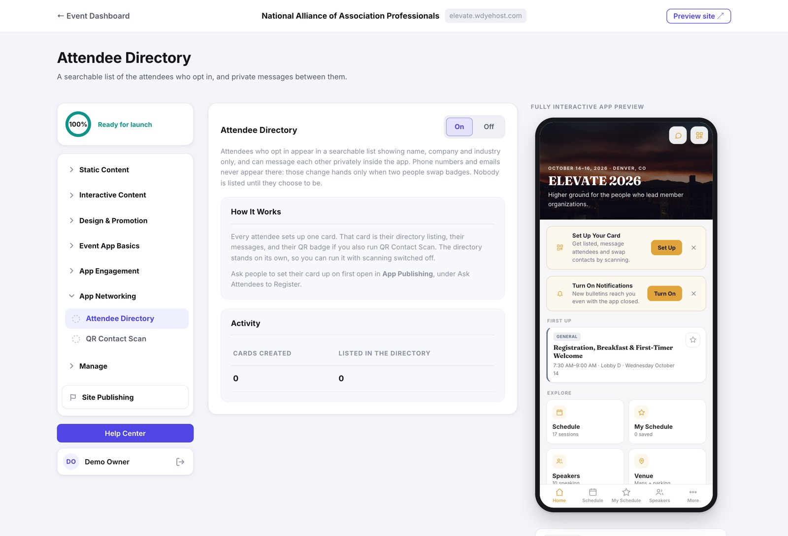 The Attendee Directory page, with its switch, an explanation of attendee cards, and activity counts