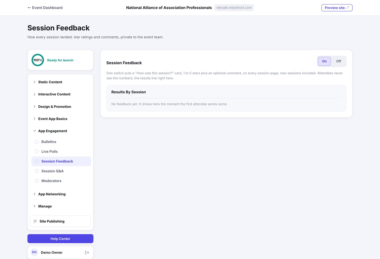 The Session Feedback page, with the on and off switch and the results area