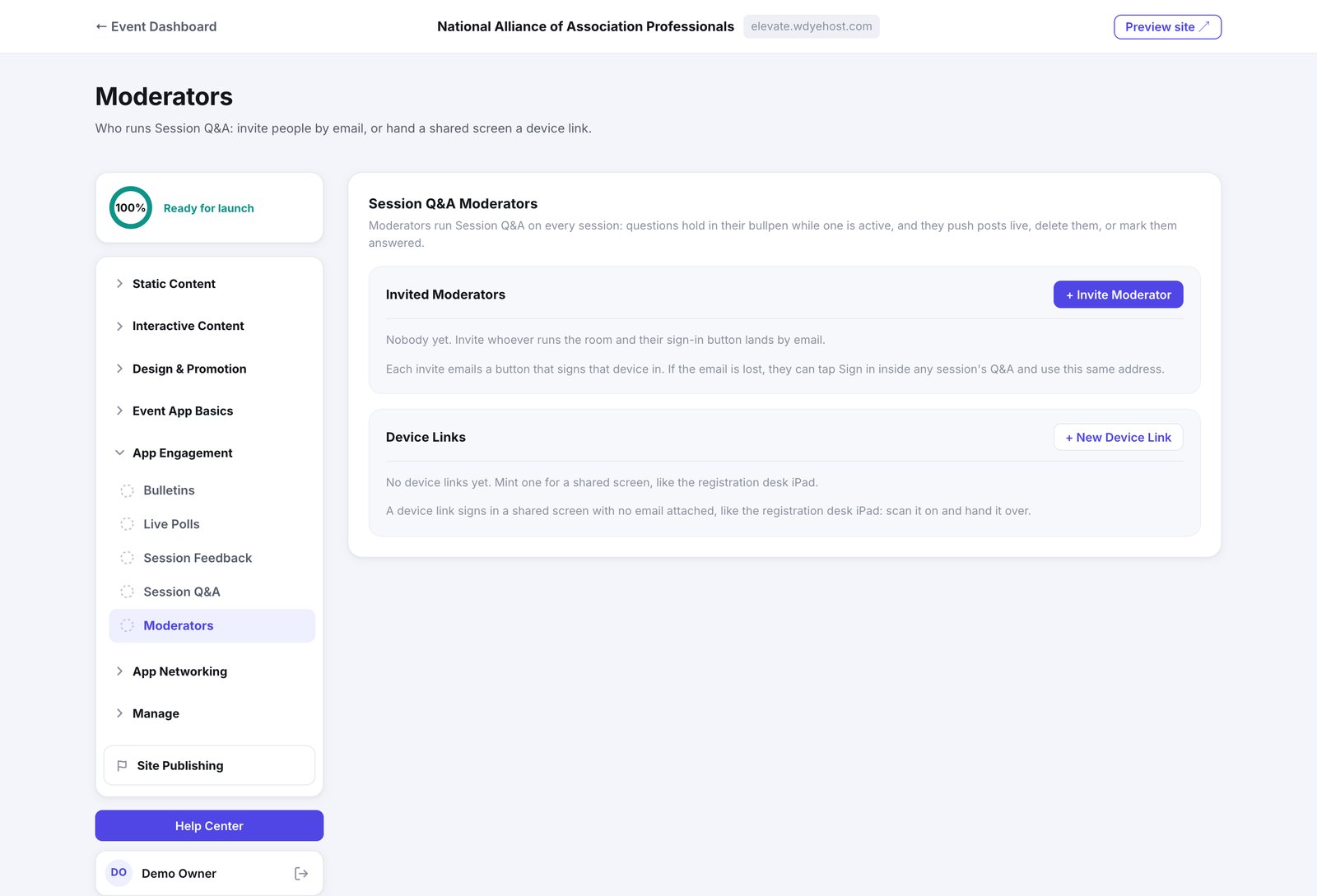 The Session Q&A Moderators page, with the invited moderators and device links lists
