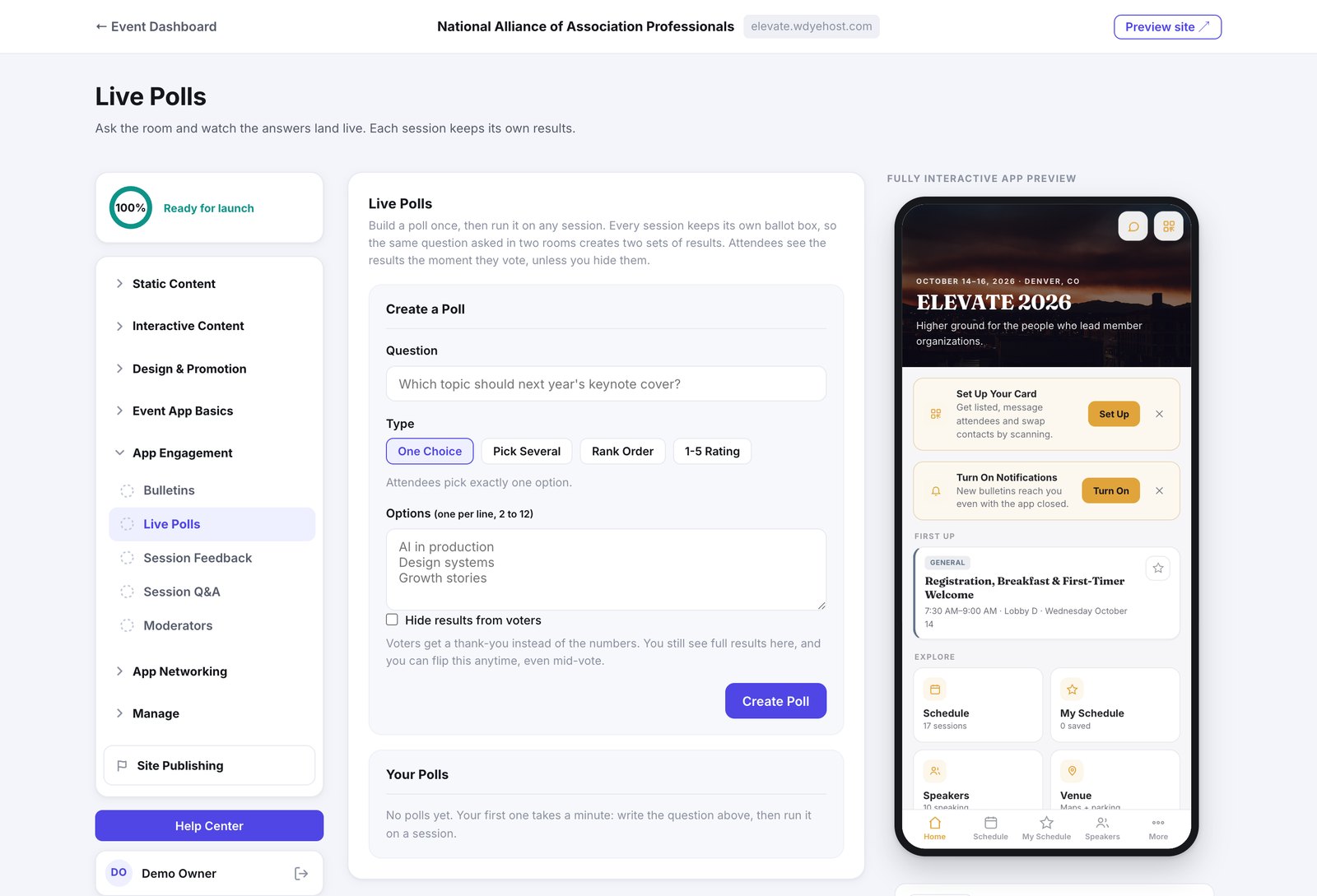 The Live Polls page, with the poll composer and its four question types