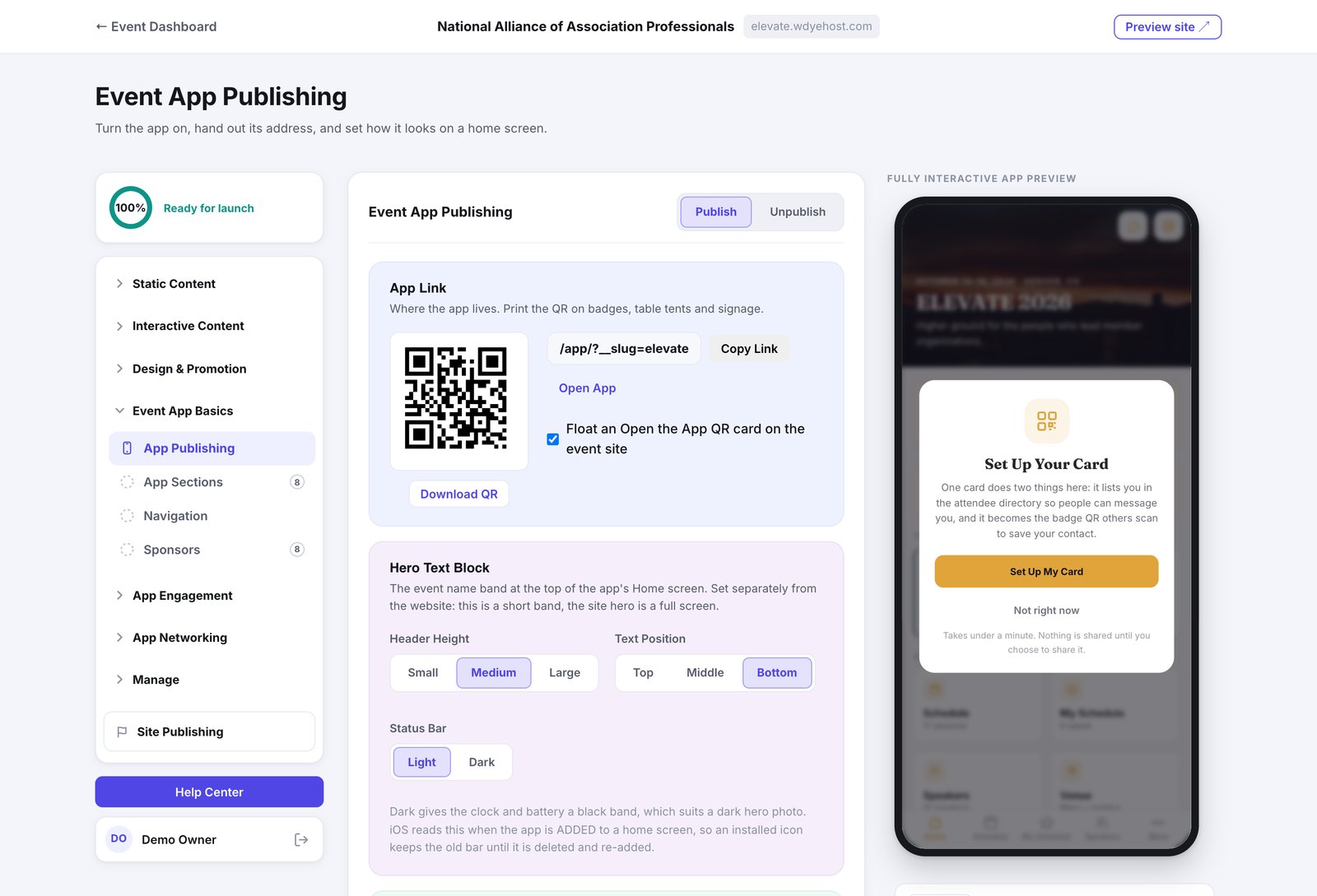 The Event App Publishing page, with the app link and QR code beside a live preview of the app on a phone