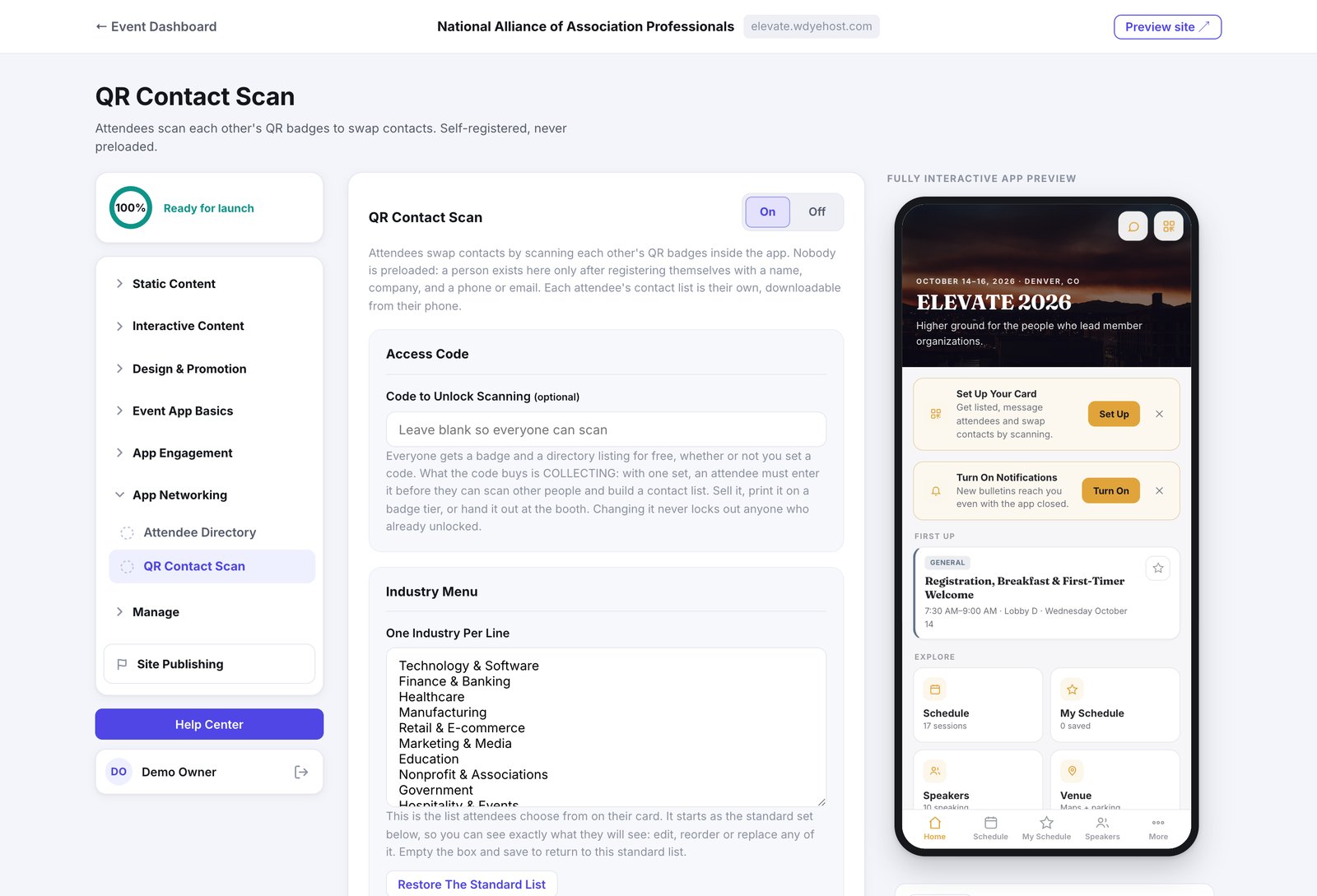The QR Contact Scan page, with the access code field and the industry menu