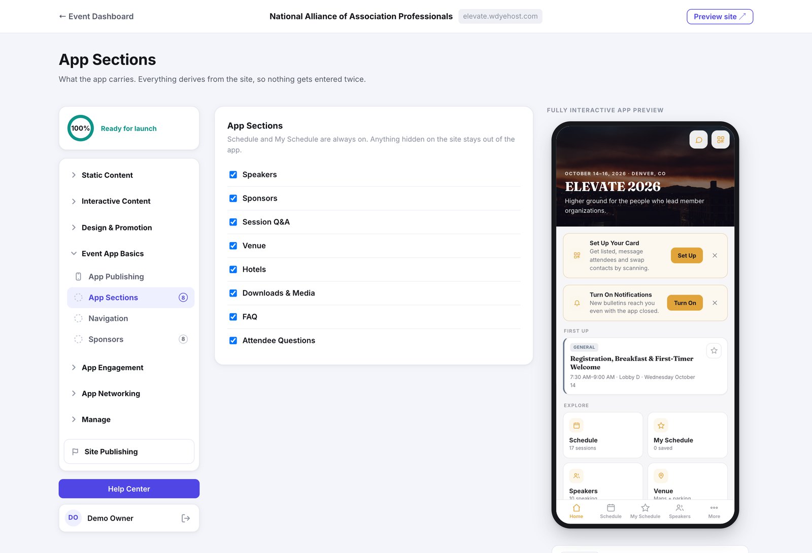 The App Sections page, with each section as a checkbox beside a live phone preview