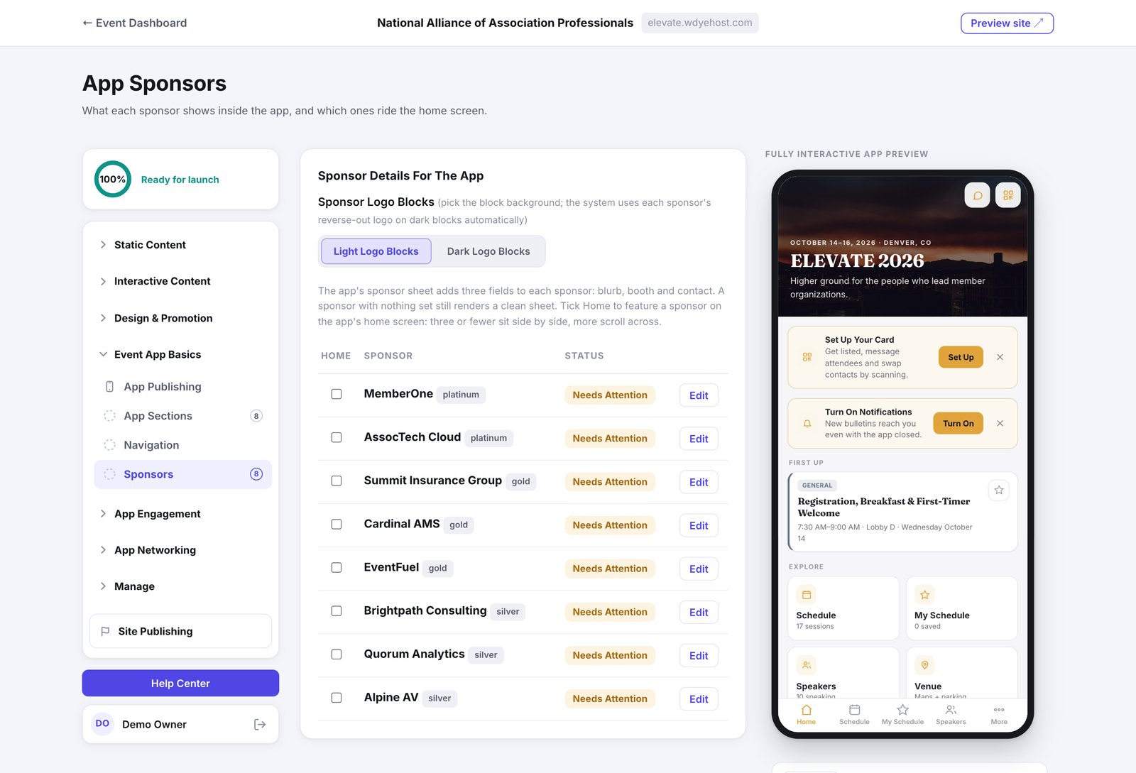 The Sponsor Details For The App page, listing each sponsor with a Home column and an Edit button