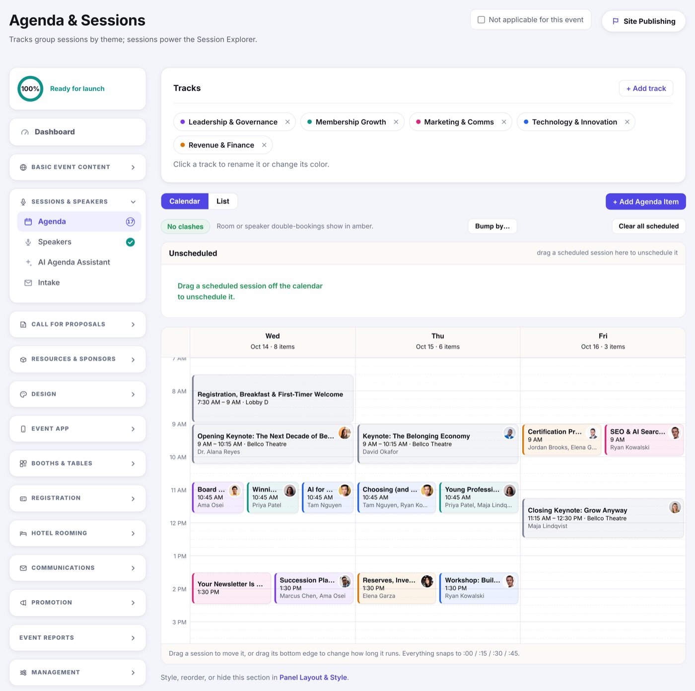 The Agenda editor in list view: sessions by day with times, rooms and speakers, and the controls to add or edit one