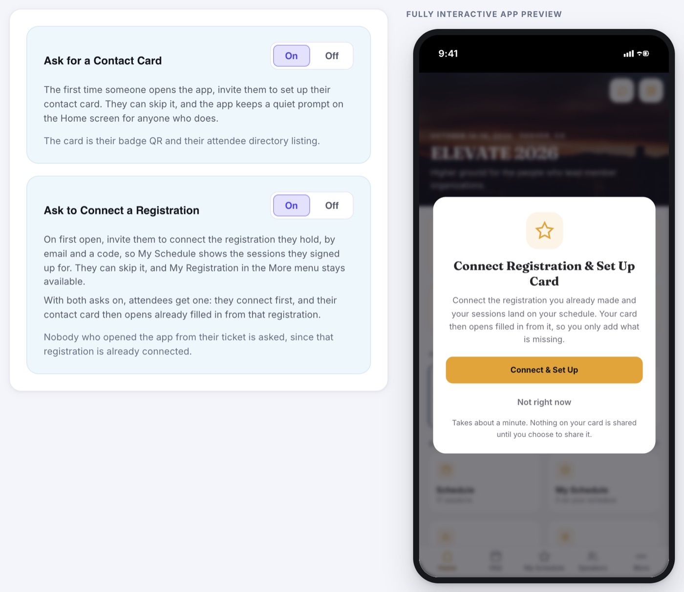 The App Registration page with Ask for a Contact Card and Ask to Connect a Registration both on, and the app preview showing the single Connect Registration and Set Up Card invitation