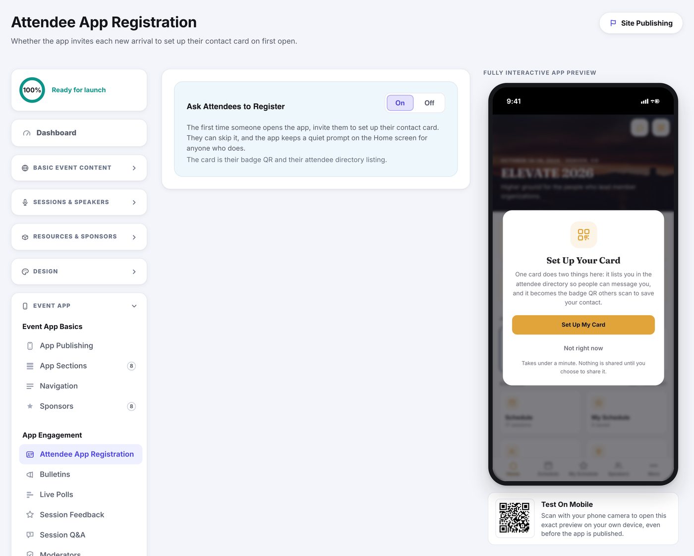 The Attendee App Registration page with the Ask Attendees to Register switch, and the app preview showing the Set Up Your Card sheet