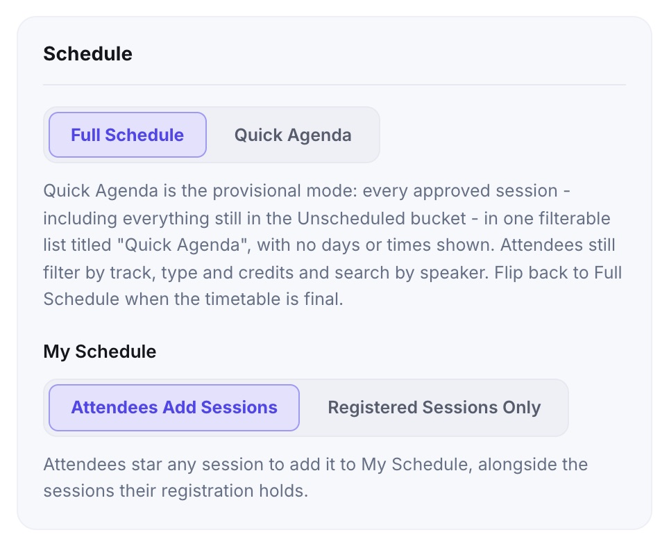 The Schedule group on App Sections: Full Schedule or Quick Agenda, then My Schedule with Attendees Add Sessions or Registered Sessions Only