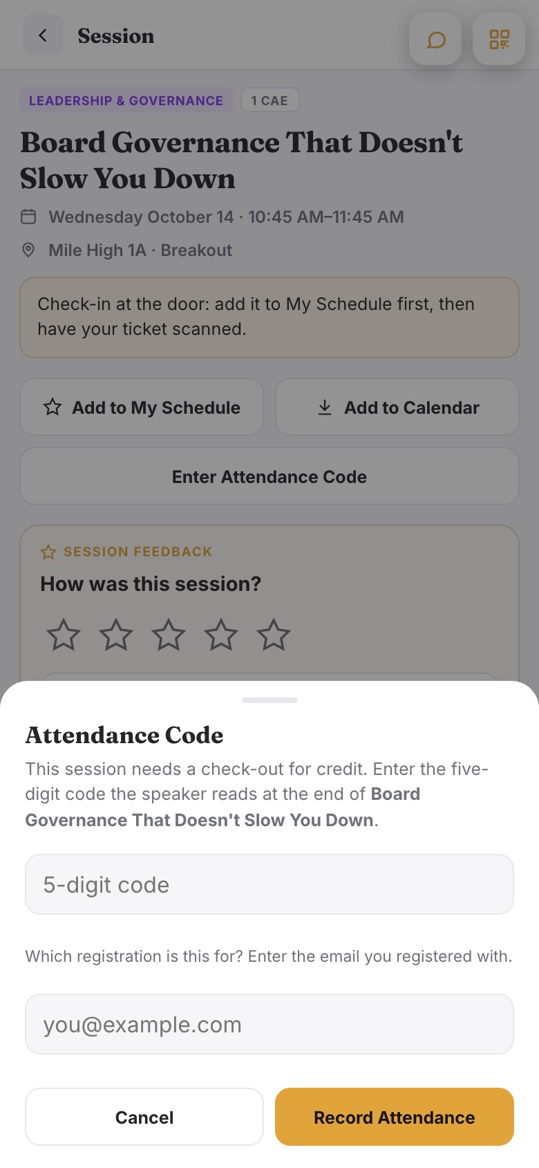 The Attendance Code sheet: a five-digit field, an email field for a phone without the ticket link, and Record Attendance