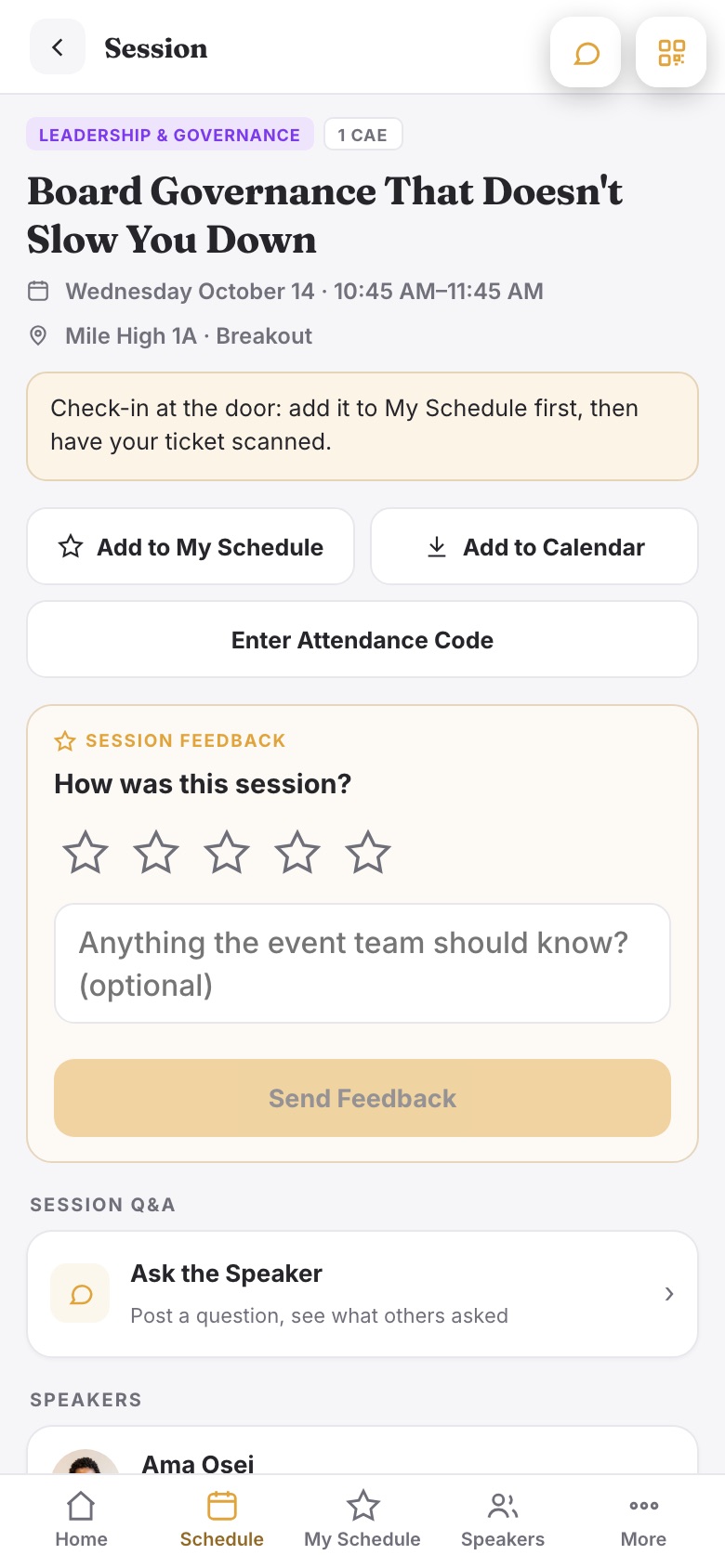 A restricted session in the event app: the rule under the time, and an Enter Attendance Code button