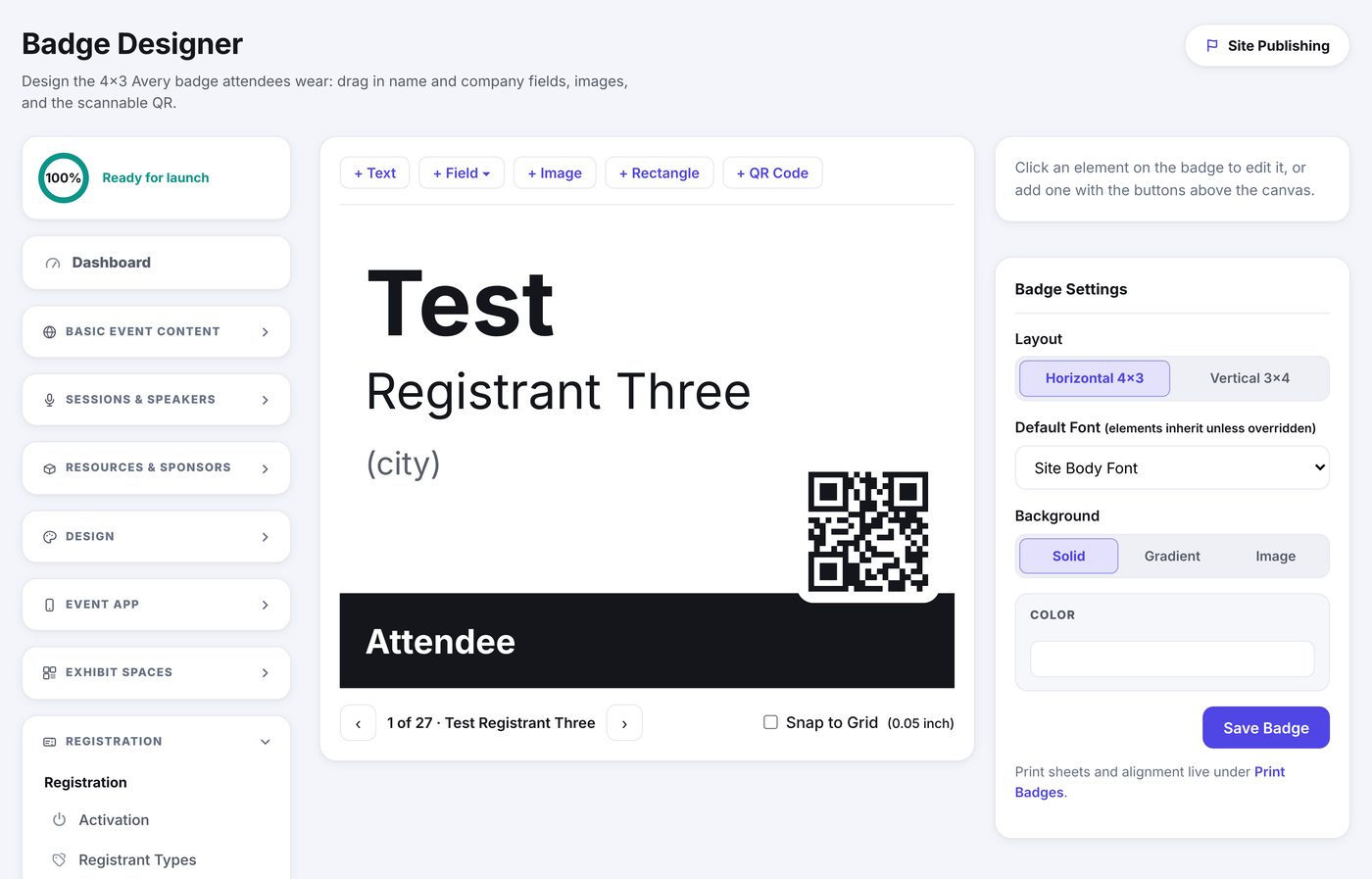 The Badge Designer canvas showing a name, city, QR code and a type bar, with the Badge Settings rail beside it