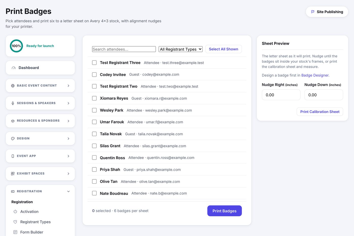 The Print Badges page: a searchable attendee list with checkboxes on the left, and a scaled sheet preview with alignment nudges on the right