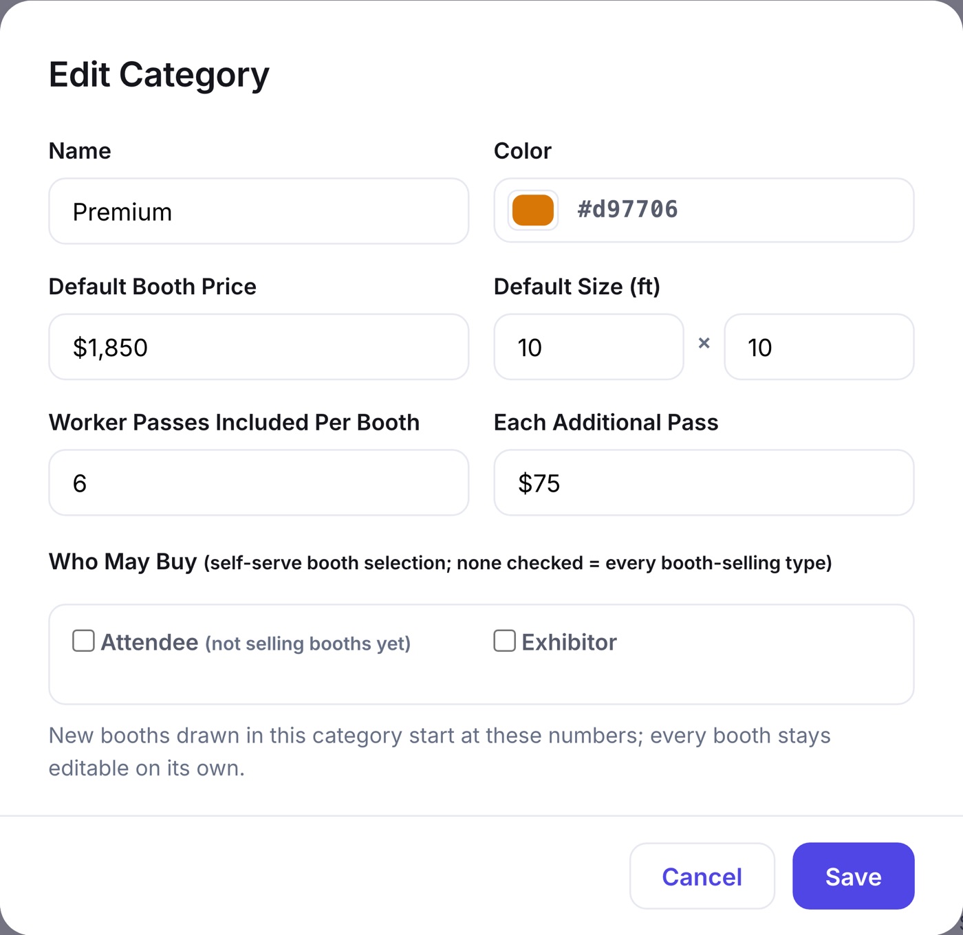 The worker pass settings on a booth category: how many passes come free with a booth and the price of each extra one