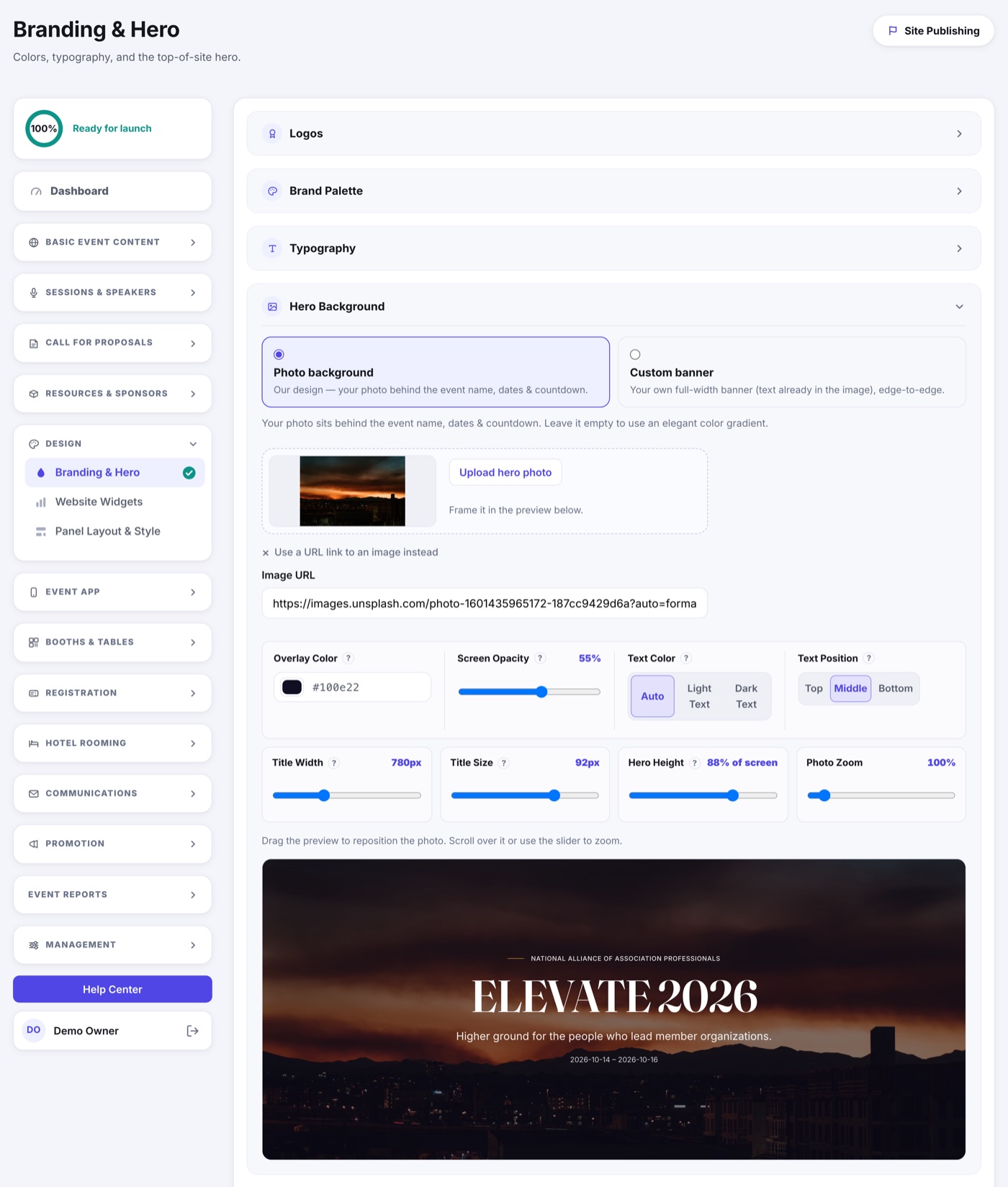 The Branding and Hero editor with the logo, brand color, hero image and headline fields beside a live preview