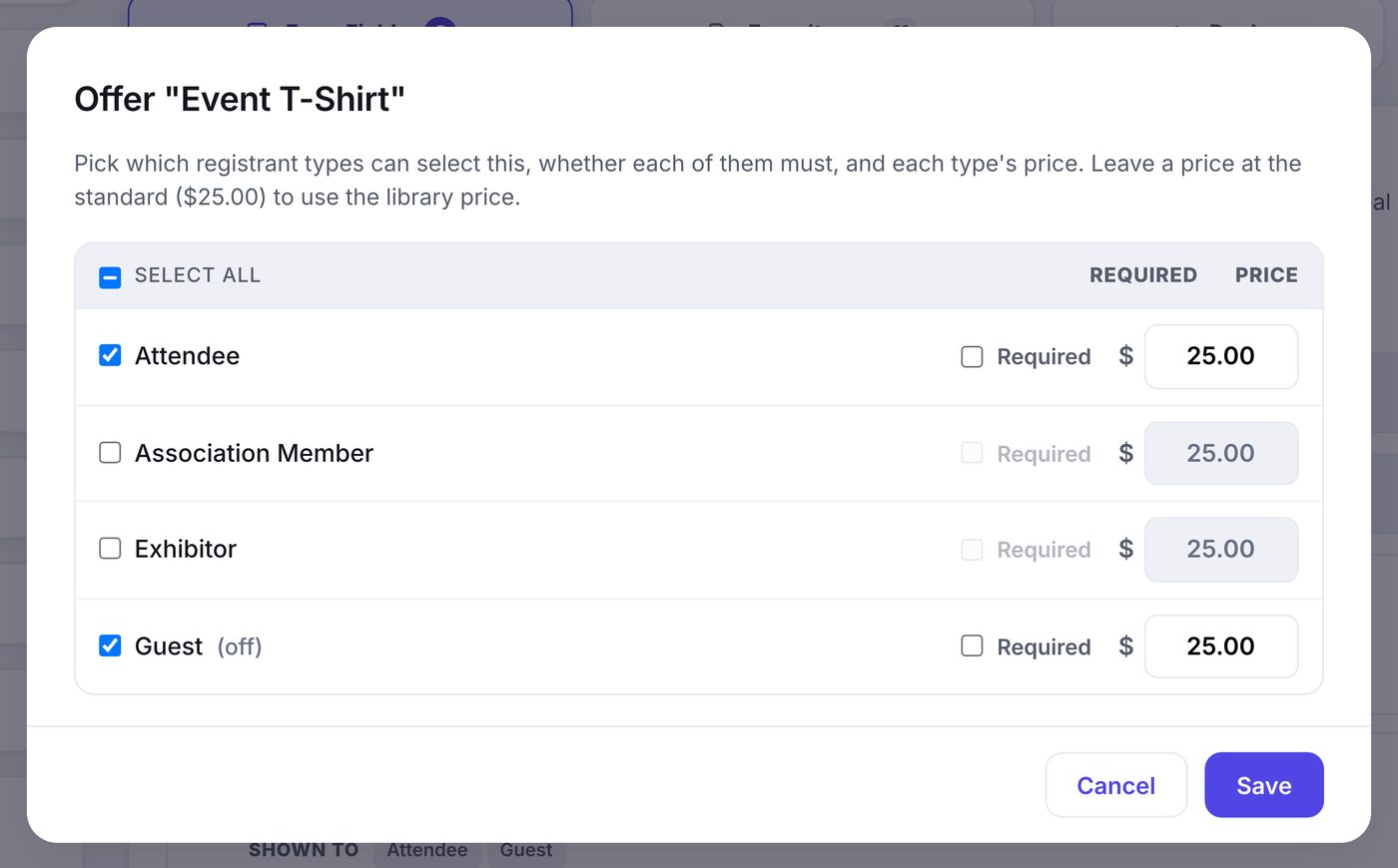 The By Registrant Type modal for an item: a checkbox per registrant type, a Required box and a price for each