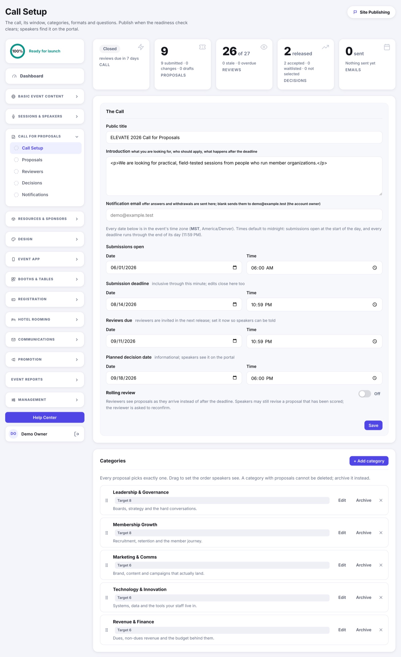 The Call Setup page: the call's dates, categories, proposal questions and scoring rubric