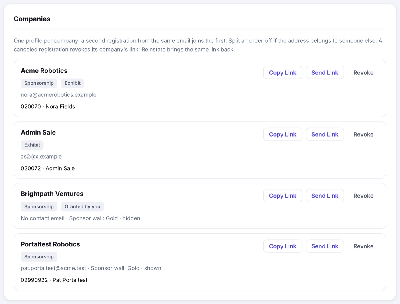 The Companies list on the Commercial Portal page: each company with its Sponsorship and Exhibit chips, its contact, its registrations and sponsor wall status, and Copy Link, Send Link and Revoke buttons