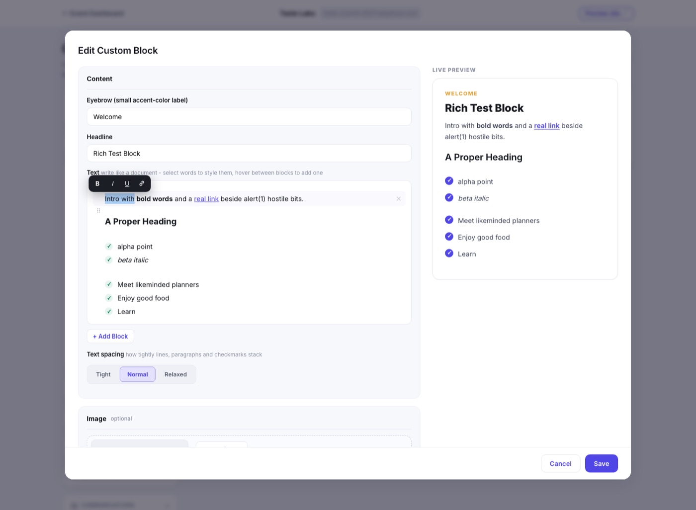 The custom block editor with the document surface on the left and the live preview on the right