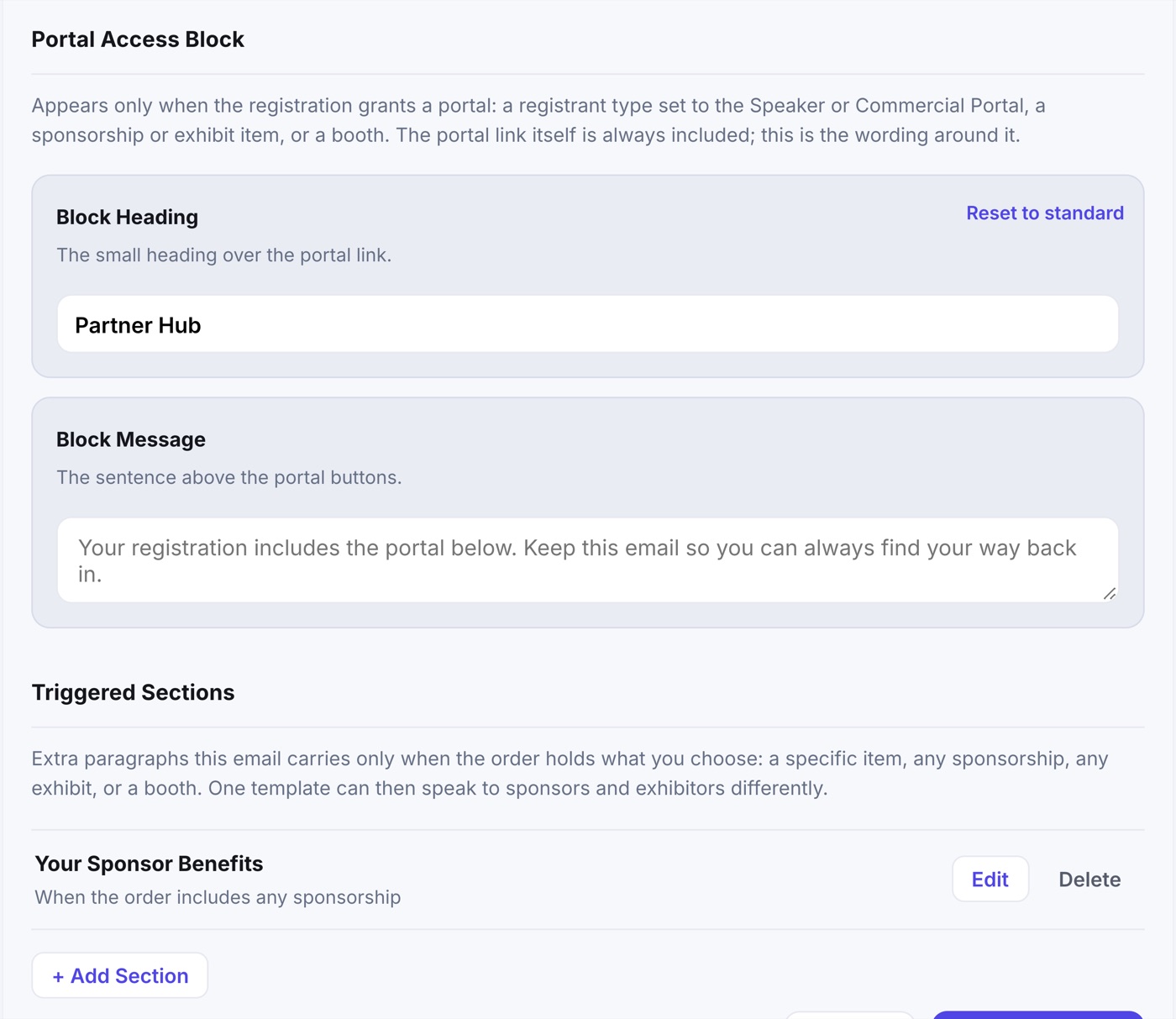 The template editor's Portal Access Block wording, Block Heading set to Partner Hub, and a Triggered Sections list holding Your Sponsor Benefits, sent when the order includes any sponsorship