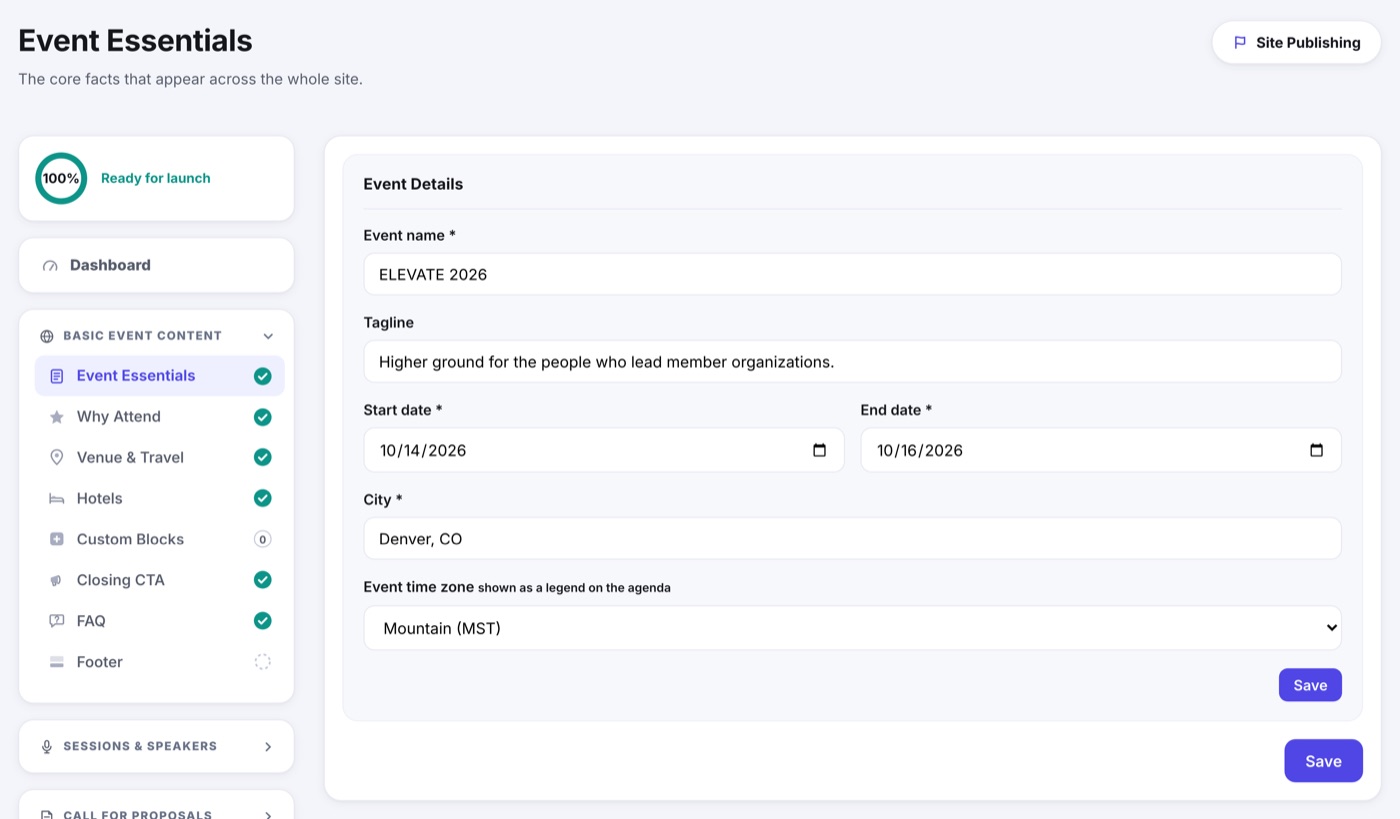 The Event Essentials editor: event name, dates, times and the one-line description that heads the site