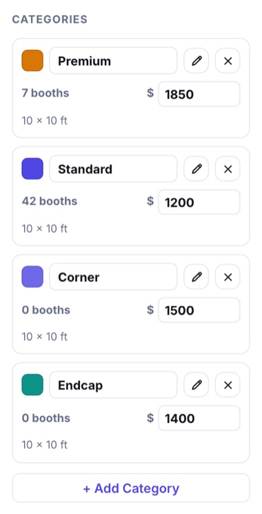 The booth categories card: a row per category with its color, default price, size and worker passes