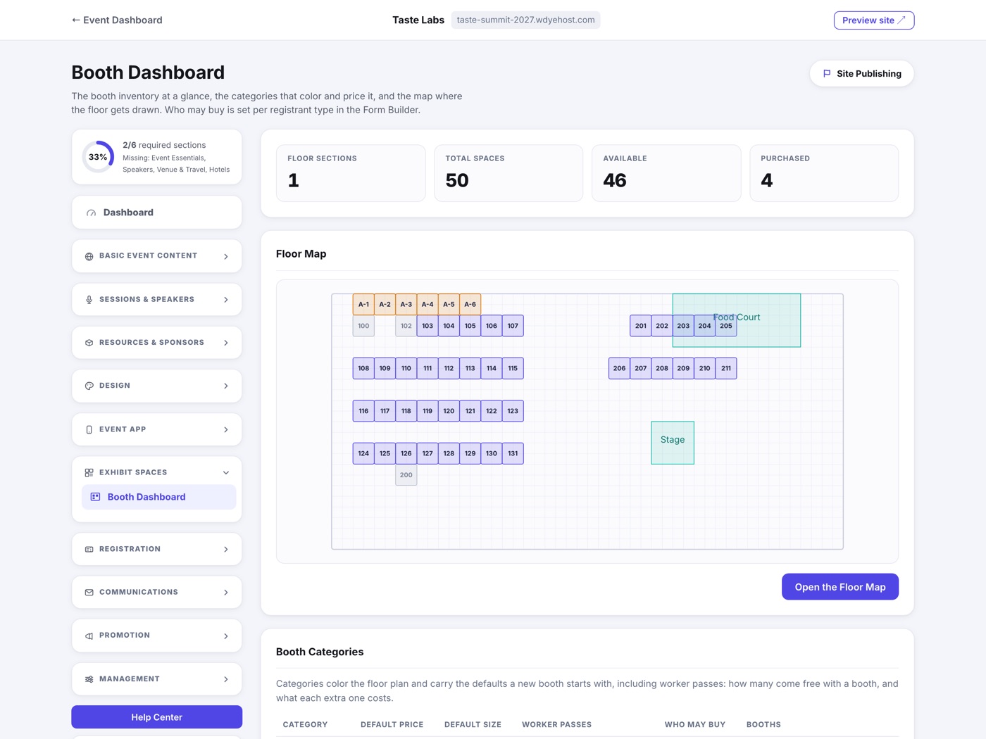 The Booth Dashboard: Floor Sections, Total Spaces, Available and Purchased tiles, a static preview of the floor map, and the booth category table