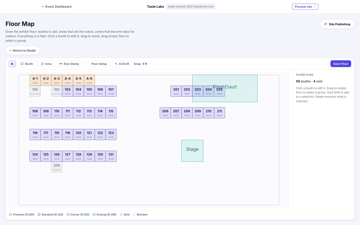 The Floor Map studio with premium and standard booth rows, a Food Court area, a Stage area, and the category legend