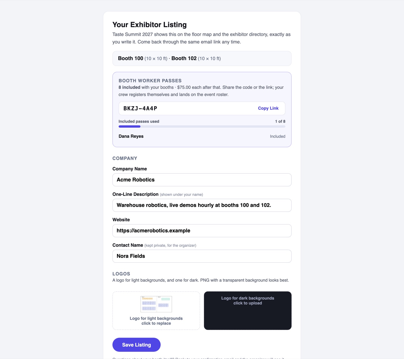The exhibitor portal: booths owned, the worker pass code with its usage bar, company fields, and light and dark logo uploads