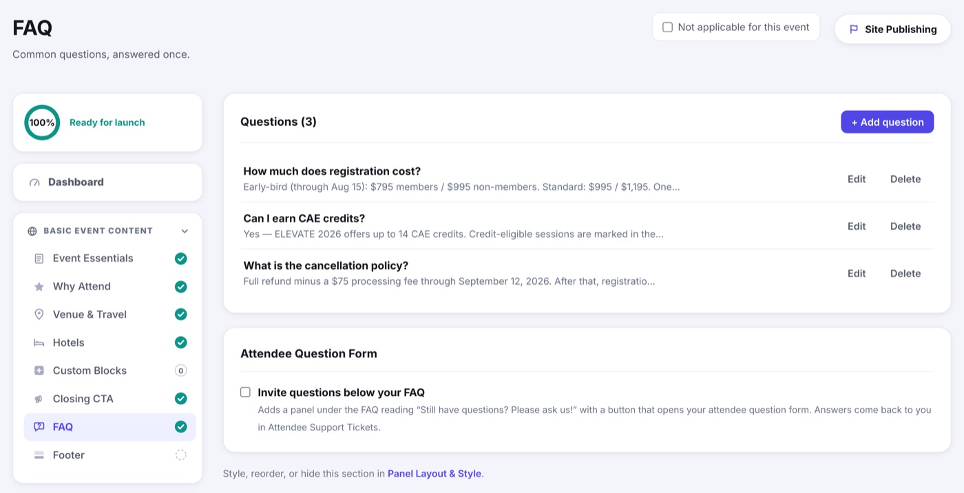 The FAQ editor: question and answer pairs in the order they appear on the site