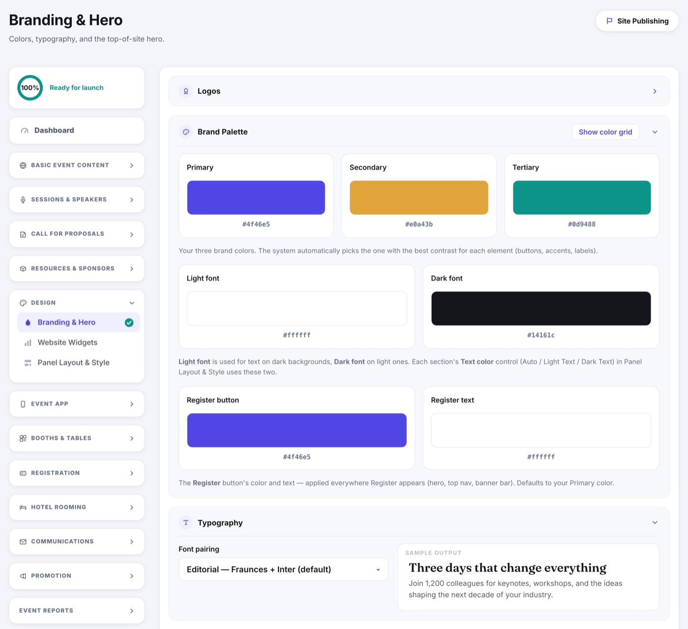The Brand Palette and Typography cards on Branding and Hero: primary, secondary and tertiary swatches, the light and dark font colors, the Register button color, and the font pairing with a live sample