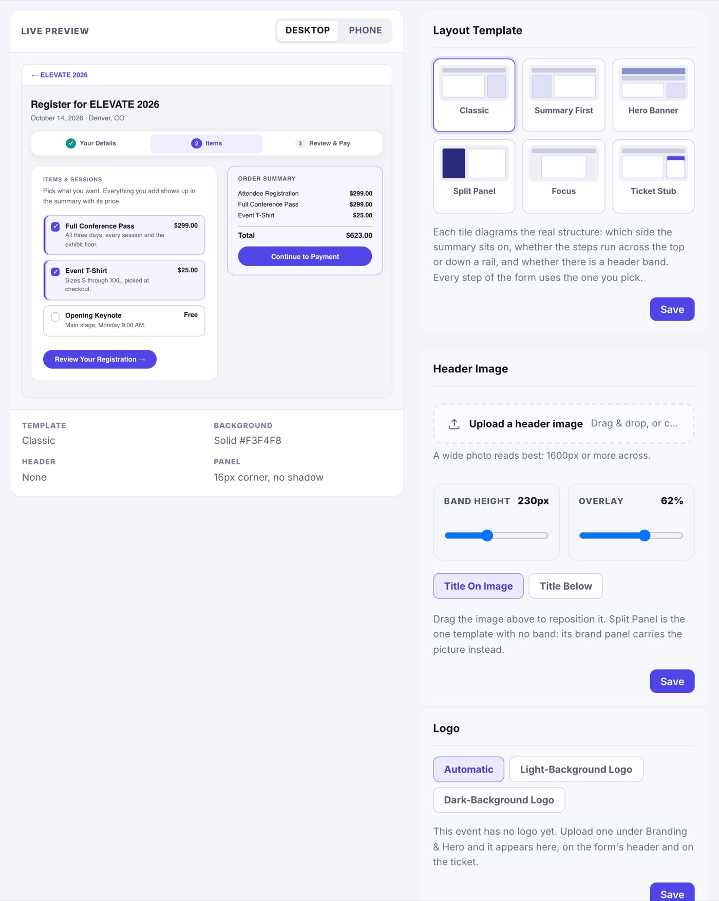The Form Designer: a live preview of the form in the Classic template beside the Layout Template tiles, the Header Image controls and the Logo choice