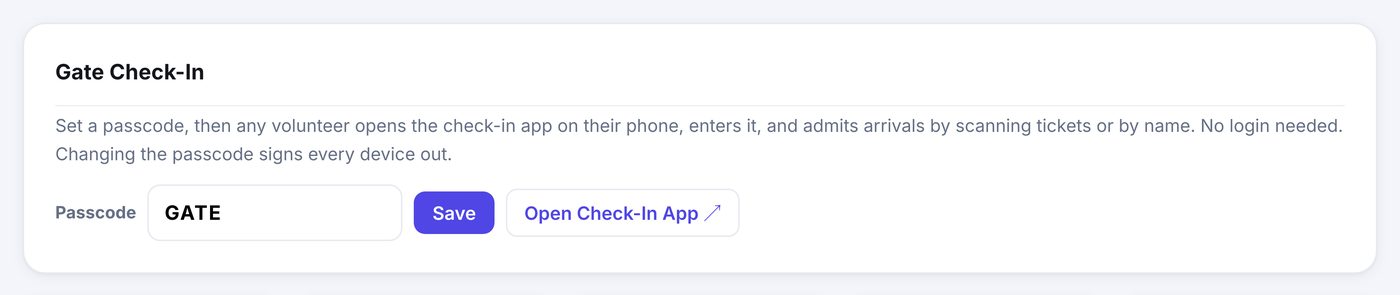 The Gate Check-In card on the Dashboard: a passcode field, a Save button, and a link that opens the check-in app