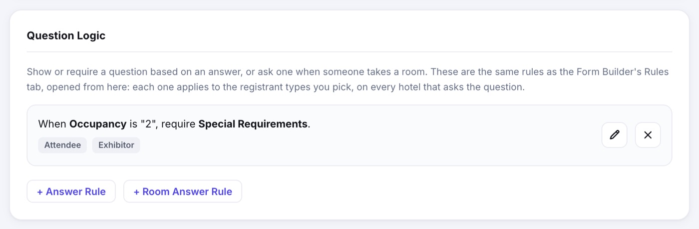 The Question Logic card on a hotel: one rule, When Occupancy is 2, require Special Requirements, for the Attendee and Exhibitor types, with + Answer Rule and + Room Answer Rule buttons