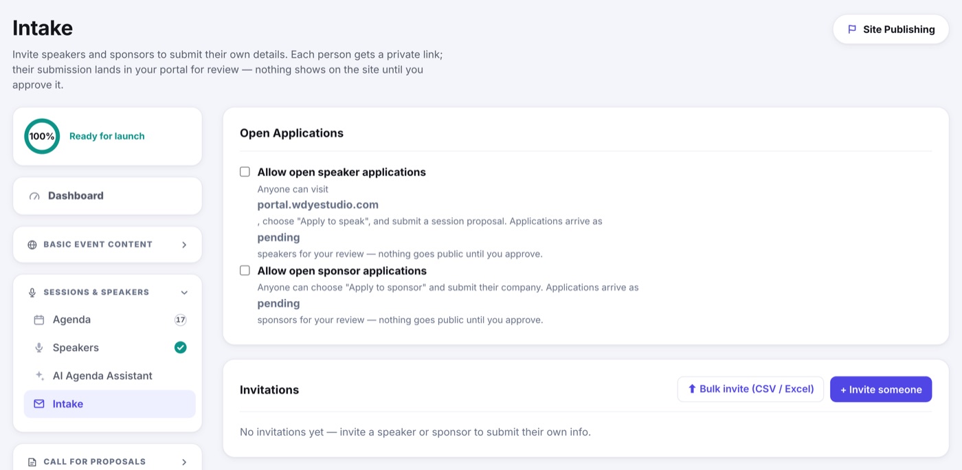 The Portal Invitation Center: invite one person or a whole list, with the invitations sent and what each person has submitted so far