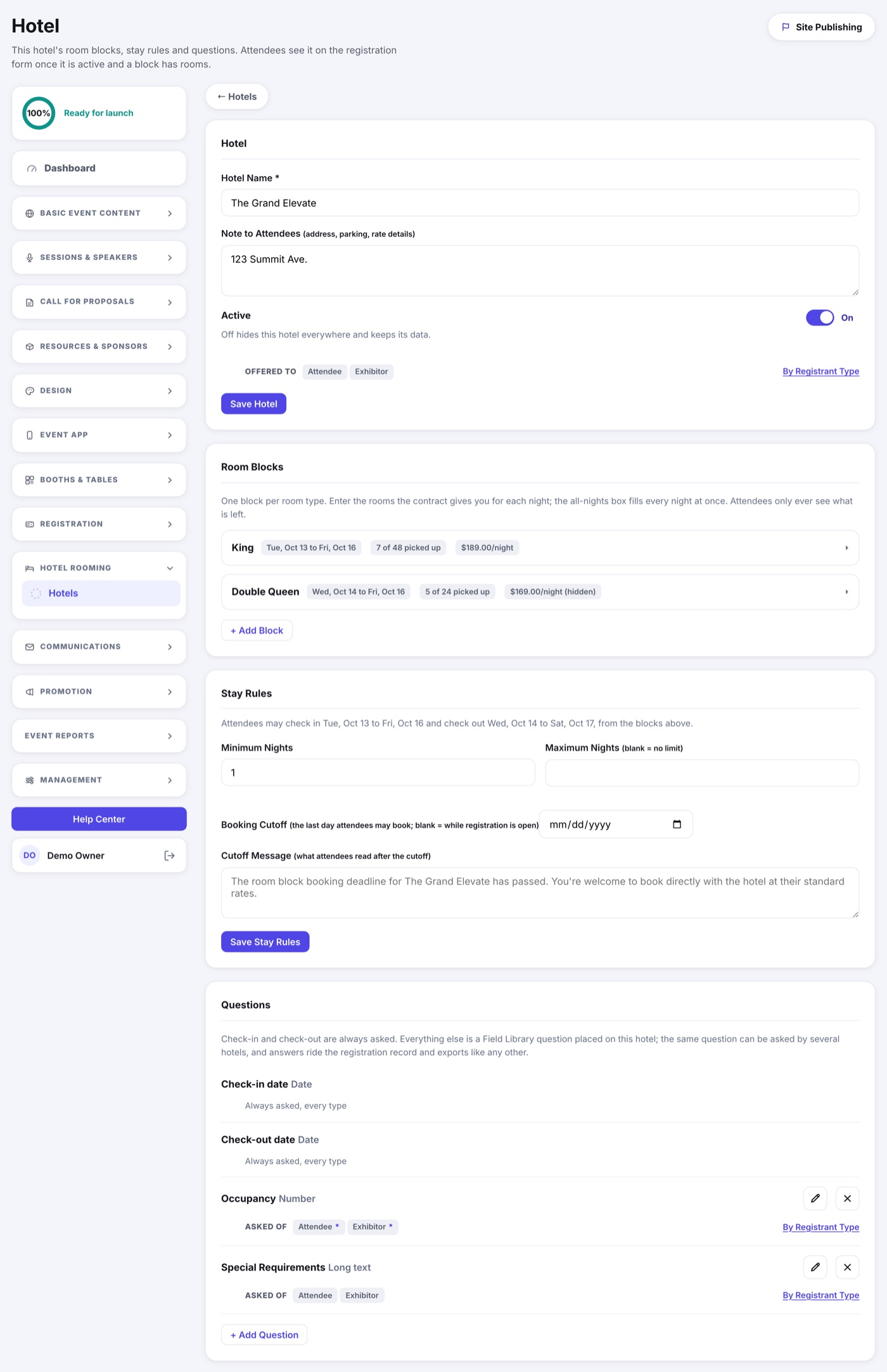 The hotel editor: the Hotel card with name, note and Active switch, the Room Blocks card listing King and Double Queen with their dates, pickup and rate, the Stay Rules card, and the Questions card