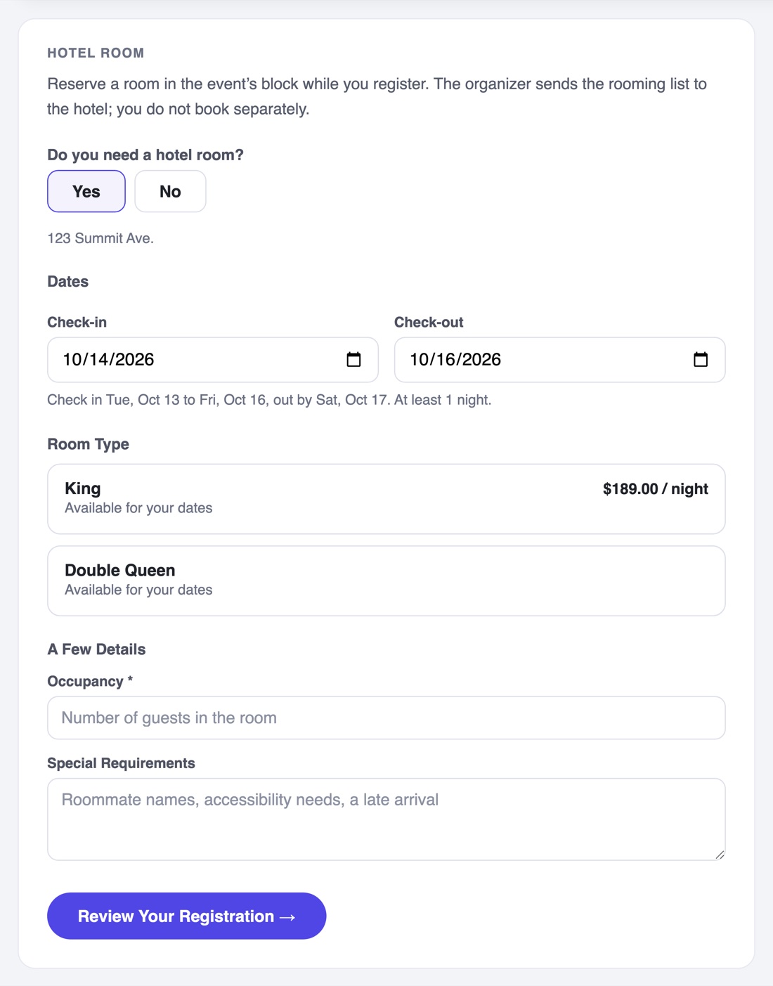 The Hotel Room step on the public registration form: the do-you-need-a-room question, the hotel, check-in and check-out dates, and a room type tile showing the nightly rate and what is left