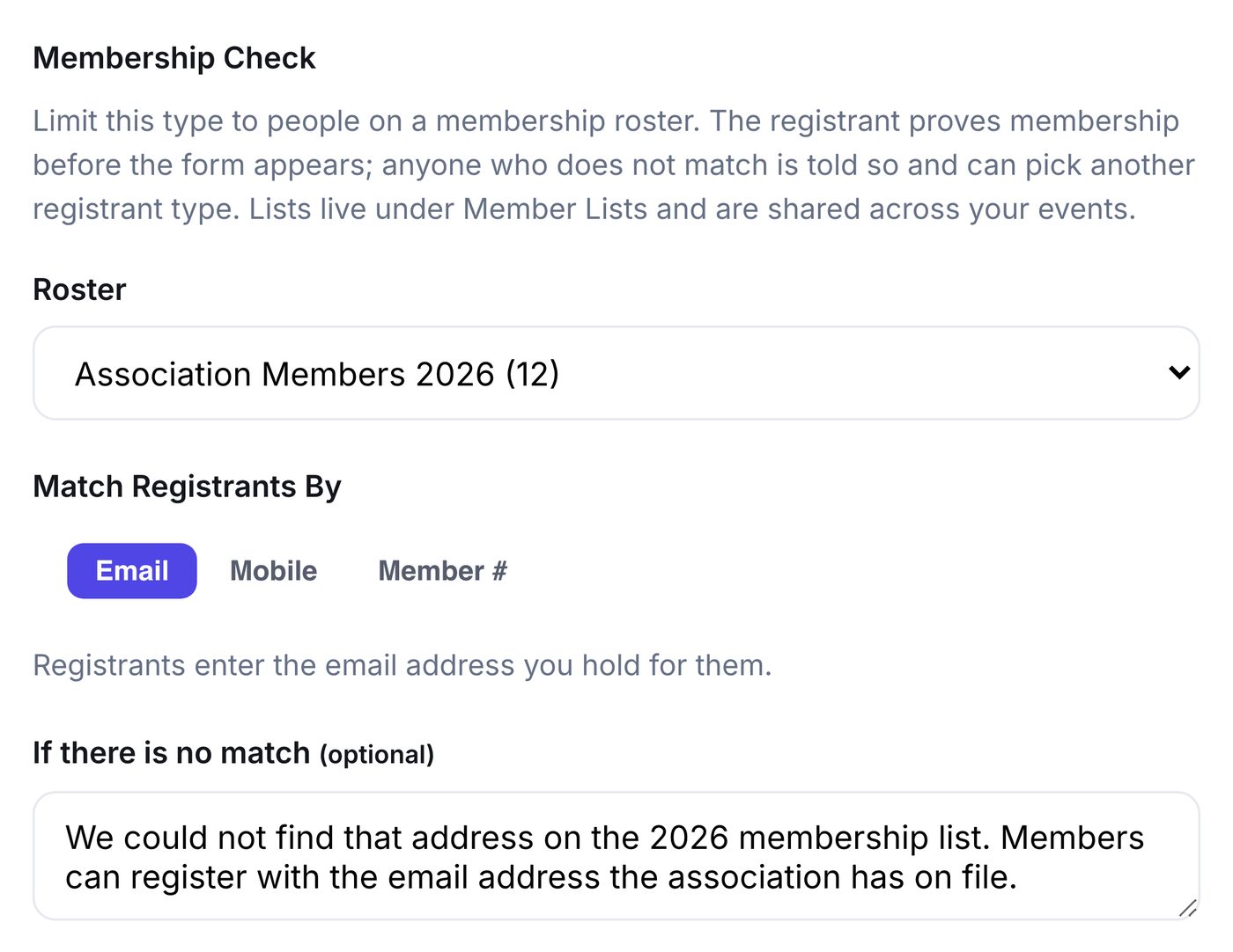 The Membership Check block: a roster picker, an Email or Mobile or Member number choice, and the message shown when nothing matches