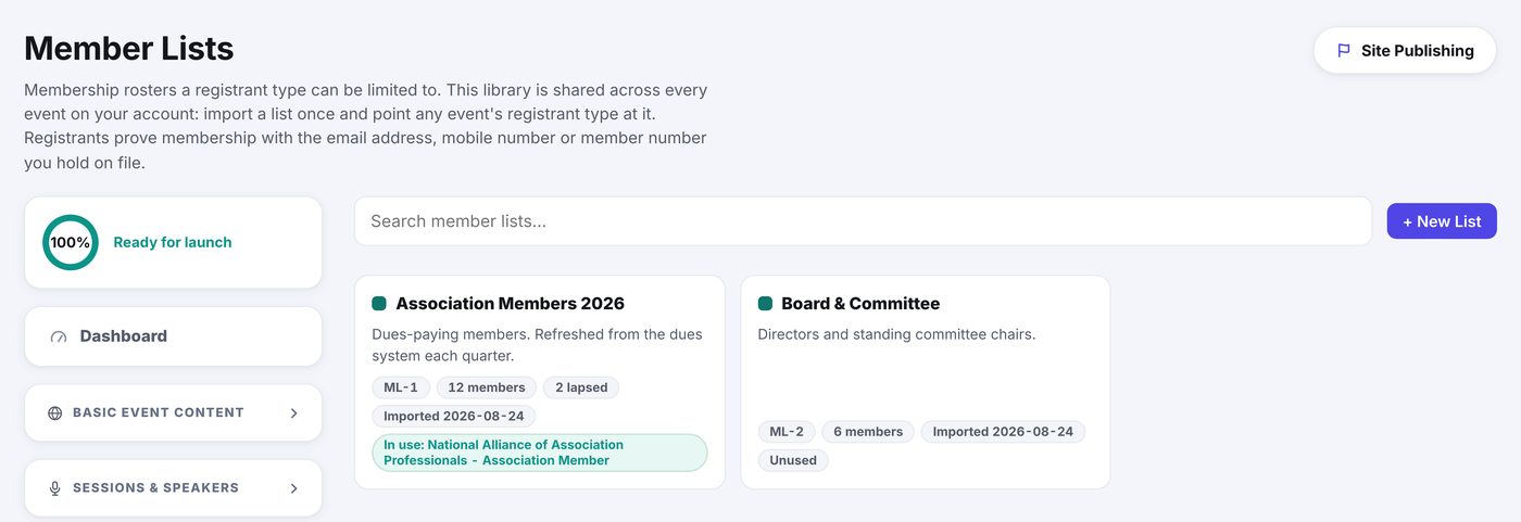 The Member Lists library showing two rosters, one with 12 members and 2 lapsed, the other unused