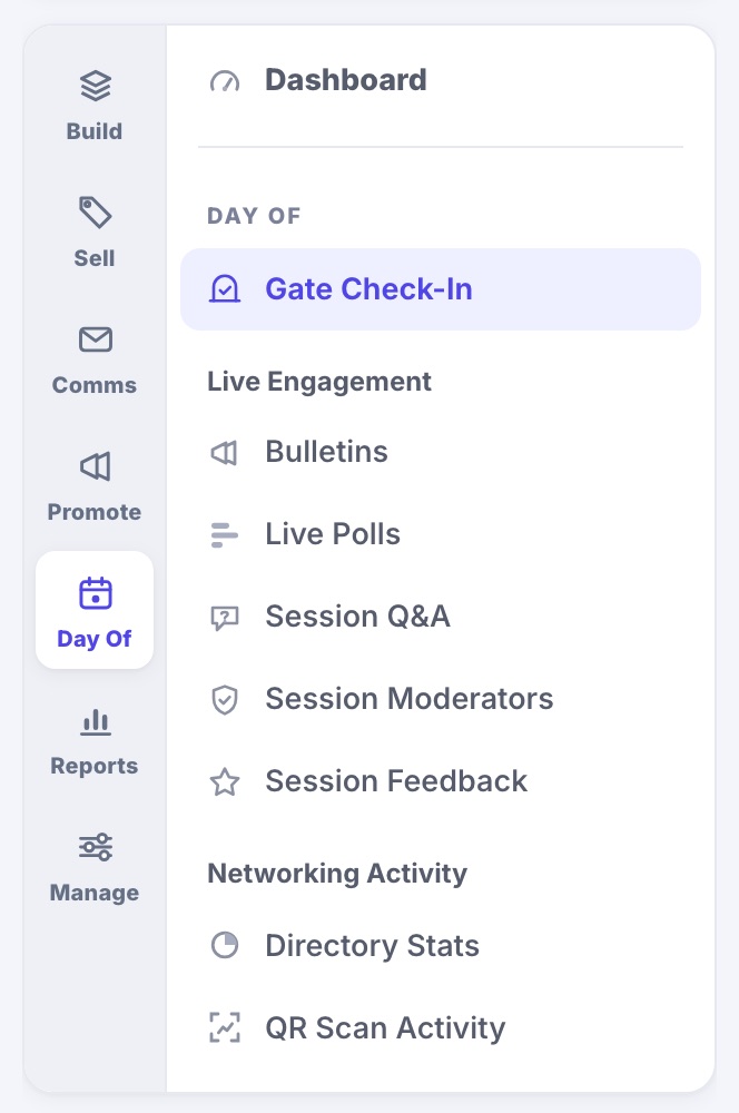 The Day Of tab open in the menu, between Promote and Reports: Gate Check-In, then Live Engagement and Networking Activity