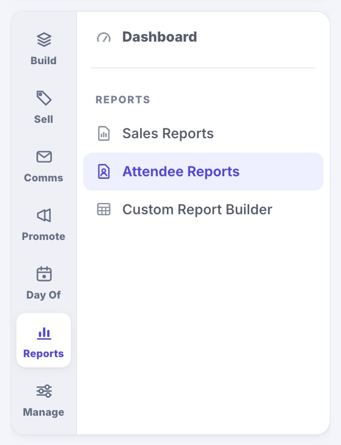 The Reports tab open in the menu: Sales Reports, Attendee Reports and Custom Report Builder