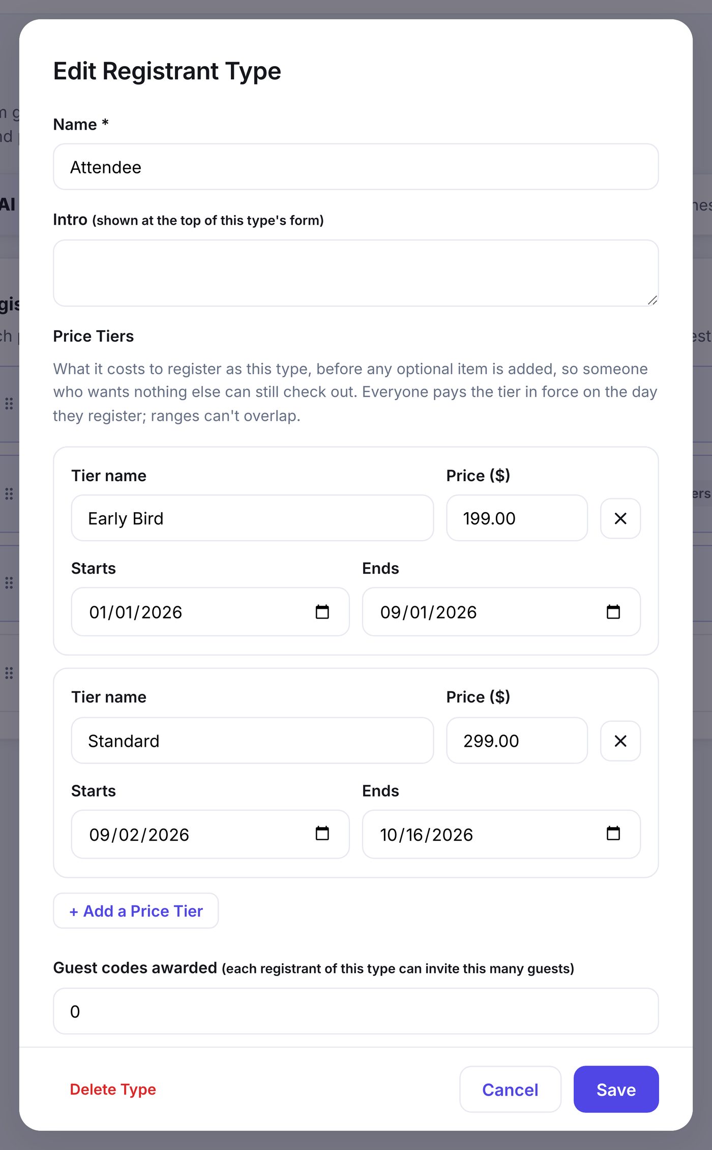 The registrant type editor showing two price tiers, Early Bird at 199 dollars and Standard at 299 dollars, each with a start and end date