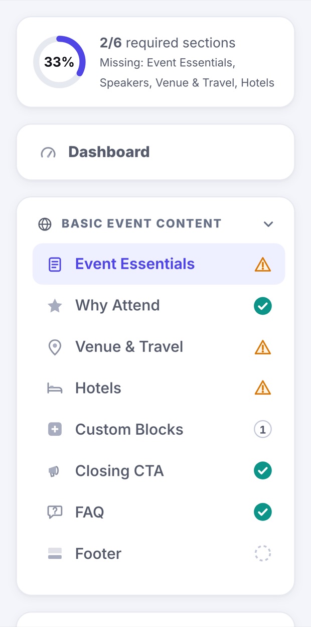 The completion card in the left menu showing the percentage and which required sections are still missing