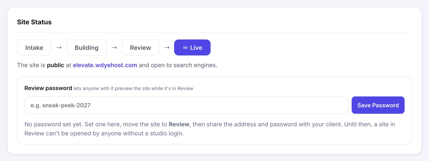 The Site Publishing page: the site status steps with the review password field