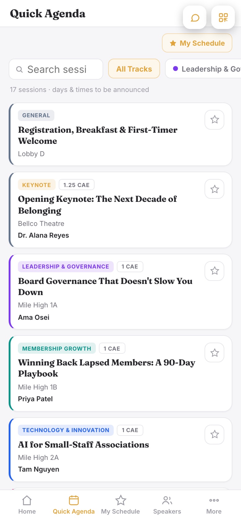 The event app showing the Quick Agenda: a time-free session list with track colors and filters