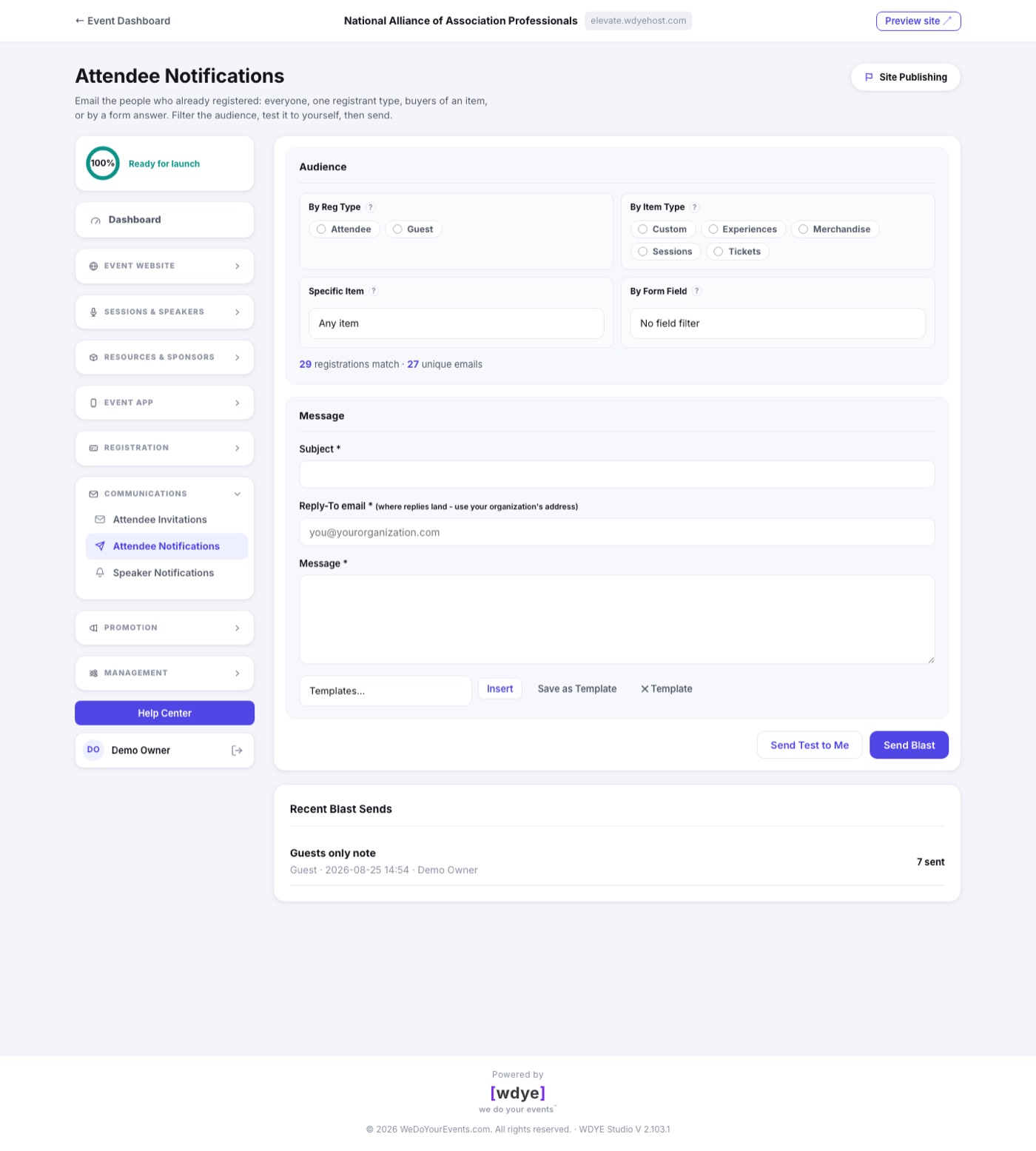 The Attendee Notifications page with audience filter boxes and the message composer