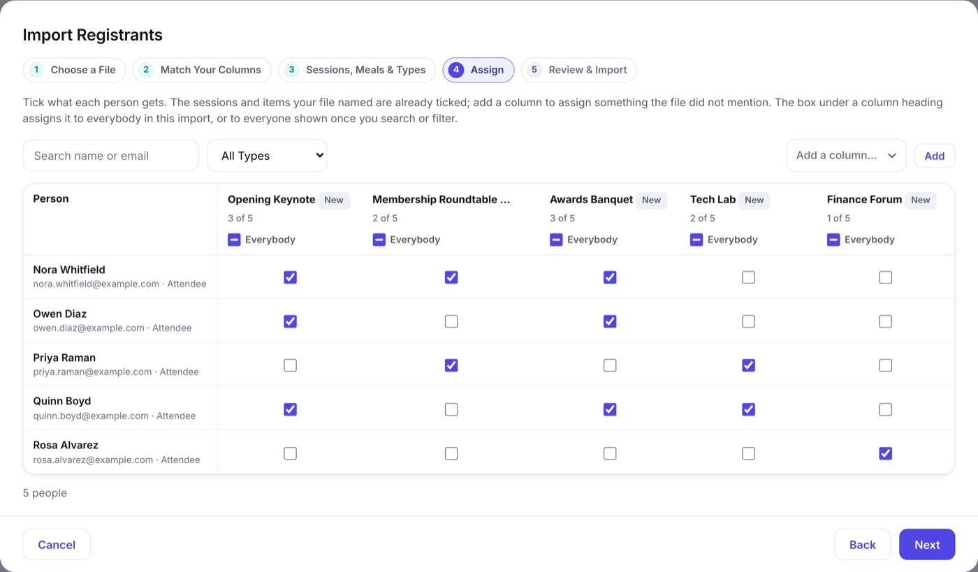 The Assign step: imported people listed down the left with tick boxes across for each session or item, a search box, a registrant type filter and the running seat count per column
