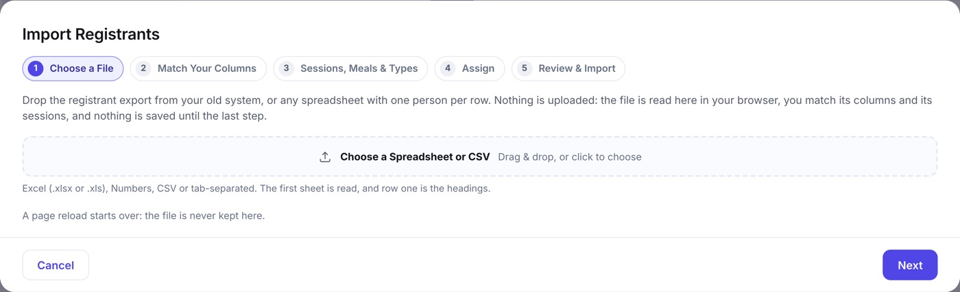 The Import Registrants modal: a file drop area accepting CSV, Excel and Numbers files, with the five steps of the import listed across the top