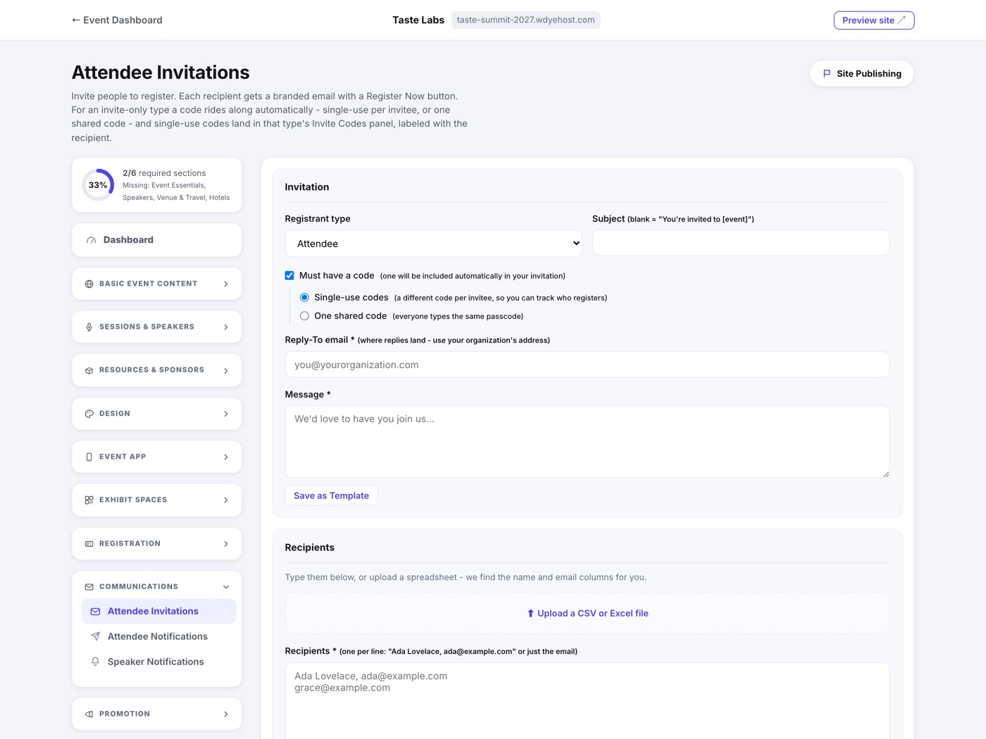 The Attendee Invitations page: the registrant type picker, the Must have a code option with single-use or shared, the message, and the recipients list