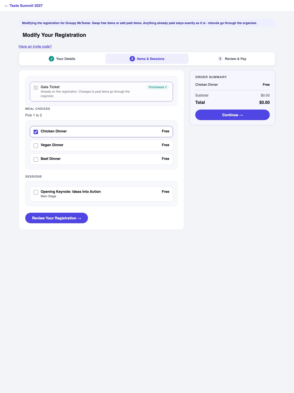 Modification mode: paid items locked with a Purchased badge, free items open for swapping